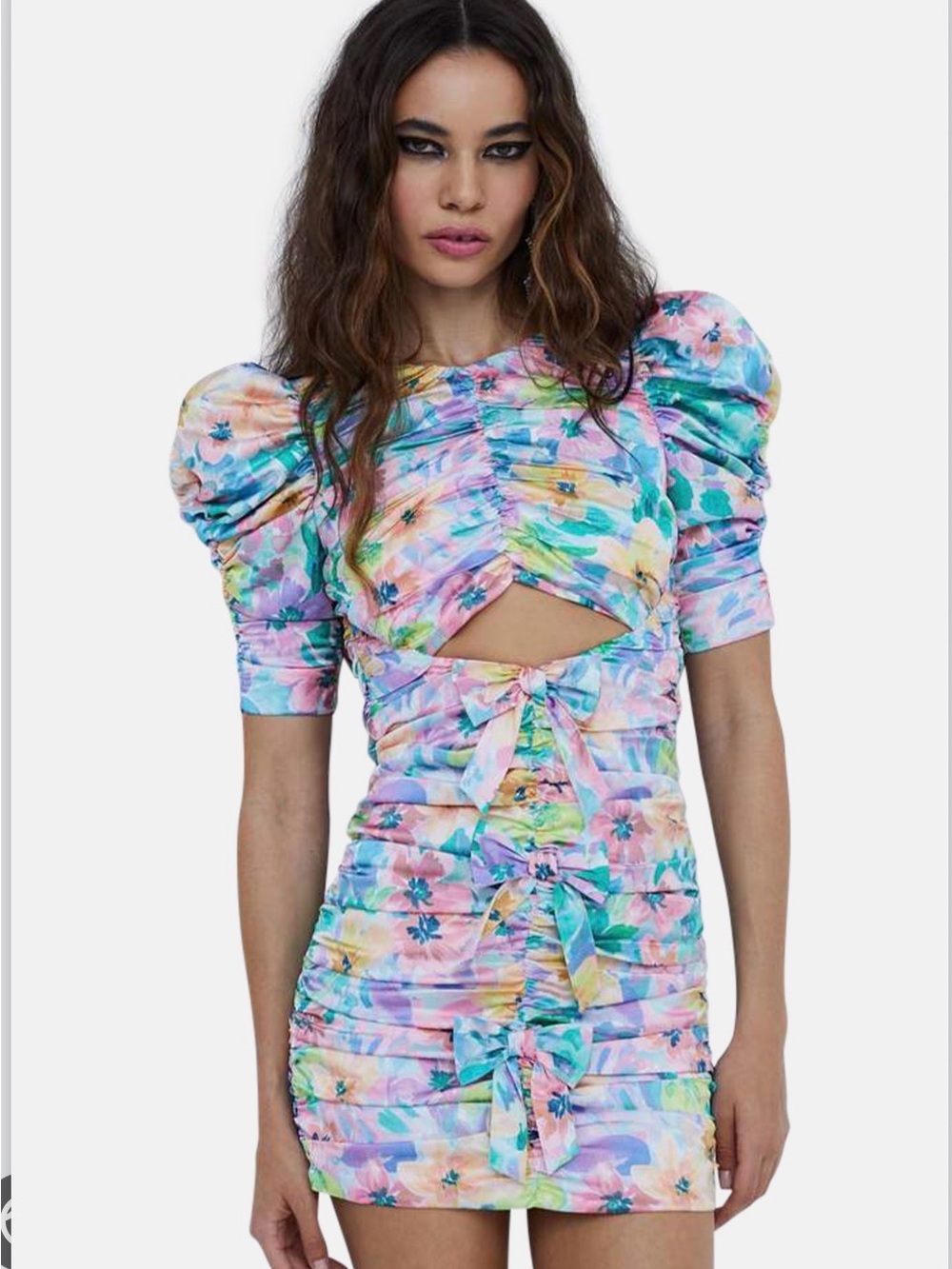 For Love & Lemons Pastel Multi Floral Tie-Front Puff Sleeve Crop Top